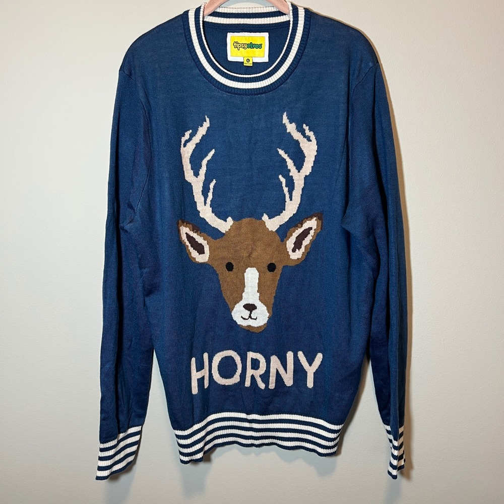 Tipsy Elves Men's Horny Deer Funny Holiday Sweater Blue XL Crewneck Antlers